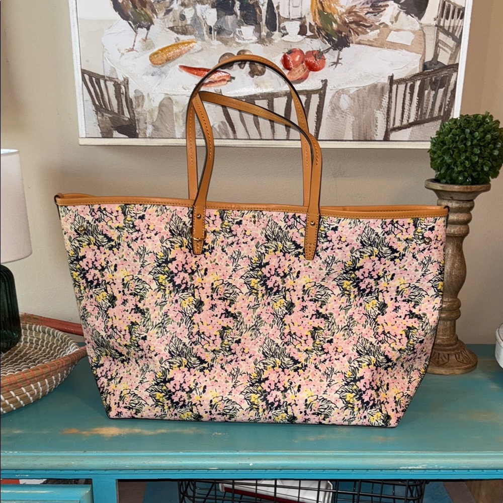 Tory Burch Pink Floral Tote with Tan Handles